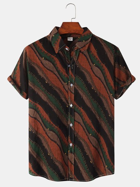 

Cotton Linen Striped Casual Short Sleeve Shirt, As picture, Shirts ＆ Blouse