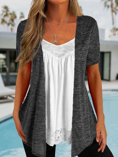 

JFN Casual Lace Panel Loose Two Pieces Camisole & Cardigan, White, Suit Set