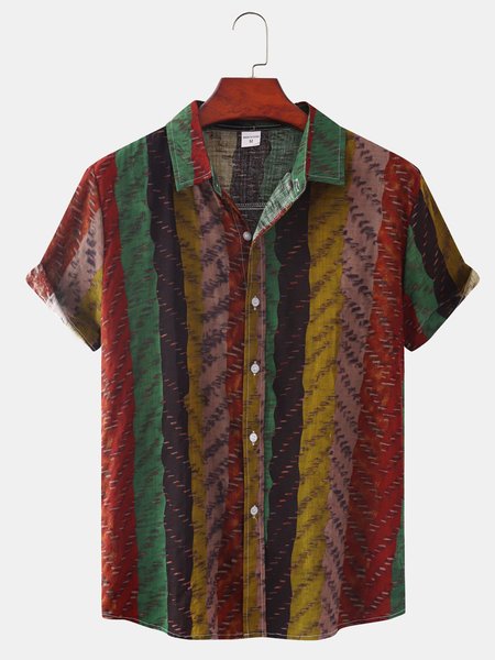 

Cotton Linen Striped Casual Short Sleeve Shirt, As picture, Men's Floral shirt
