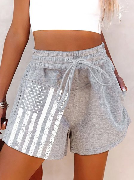 

JFN Summer Gray Flag Print Striped High Rise Elastic Drawstring Waistband Side Pockets Shorts, Shorts