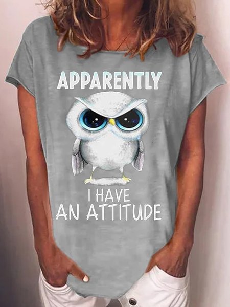 

Womens Owl with An Attitude Letter Casual Short Sleeve T-Shirt, Gray, T-shirts