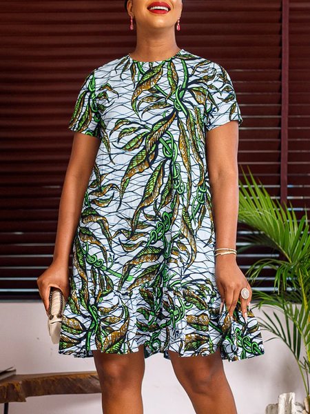 

Crew Neck Vacation Short Sleeve Tropical Printed Dress, Green, Mini Dresses
