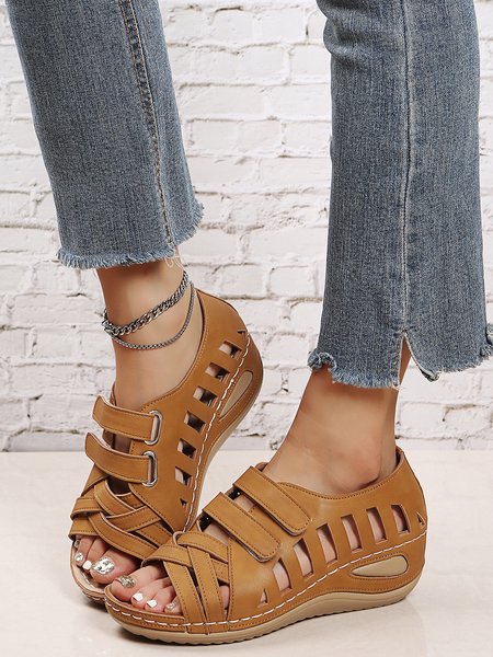 

JFN Cutout Velcro Casual Wedge Sandals, Brown, Sandals