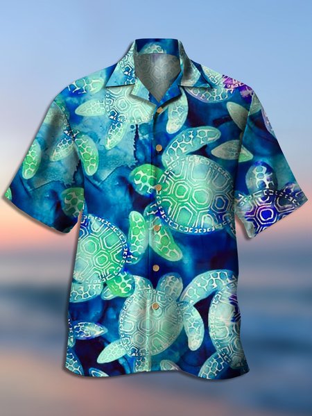 

Men Hawaiian Sea Turtles Print Front Buttons Soft Breathable Casual Aloha Shirts, Blue, Men's Floral shirt