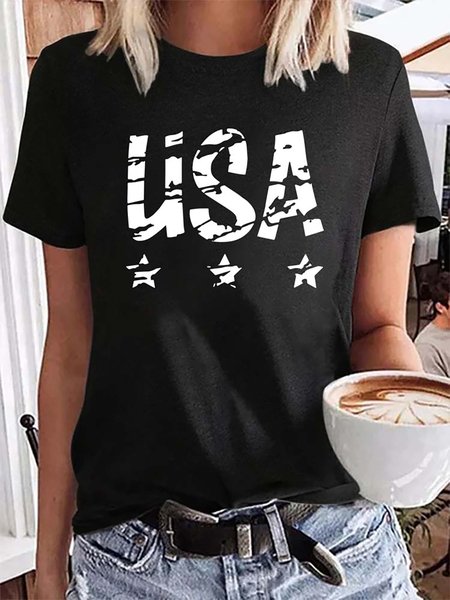 

Casual USA Stars Printed Round Neck Short sleeve T-Shirt, Black, Tees & T-shirts
