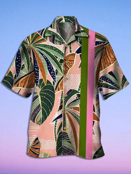 

Mens Special Aloha Collection Leaves Print Casual Breathable Short Sleeve Aloha Shirt, Pink, Men's Floral shirt