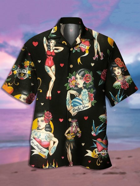 

Men Hawaiian Retro Hula Tattoo Print Front Buttons Soft Breathable Casual Aloha Shirts, Black, Men's Floral shirt