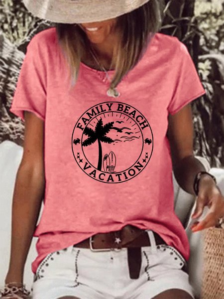 

Family Beach Vacation Casual Round Neck Letter Short Sleeve T-Shirt, Pink, T-shirts