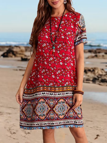 

Crew Neck Vacation Loosen Dresses, Red, Dresses
