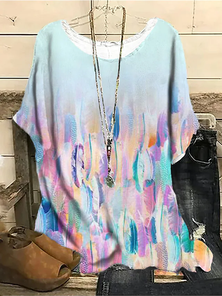 

Ombre Feather Casual Regular Fit Scoop Neckline T-Shirt, Multicolor, T-Shirts