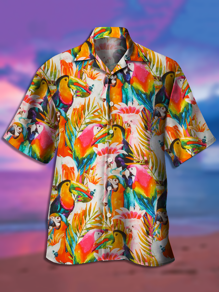 

Holiday Style Hawaiian Series Plant leaf Parrot Element Pattern Lapel Short-Sleeved Shirt Print Top, Multicolor, Men's Floral shirt