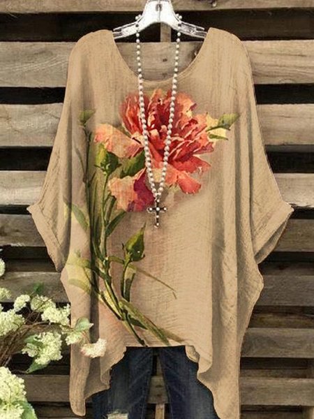 

Cotton leprosy flower holiday blouse plus size, Khaki, Tunics