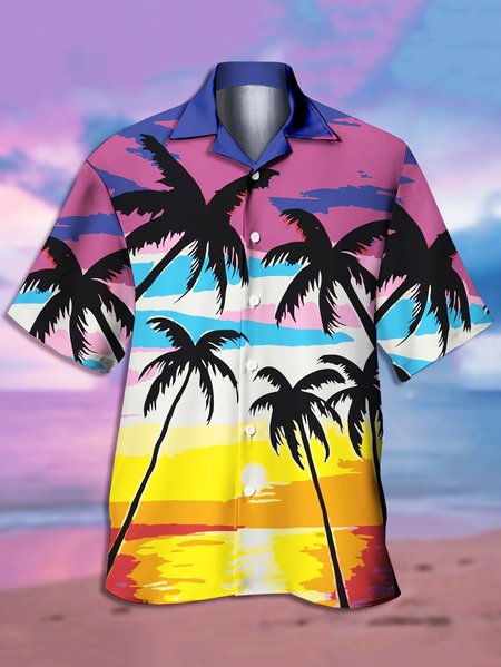 

Men's Resort Botanical Print Casual Short Sleeve Hawaiian Shirt, Purple, Men's Floral shirt