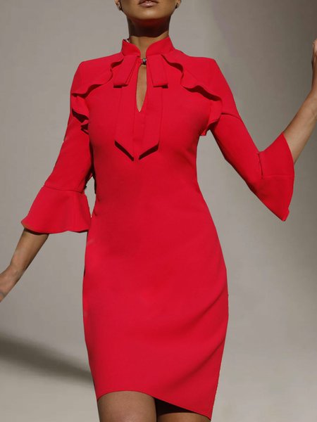 

Elegant Slim Fit Deep V Short Sleeve Knit Dress, Red, Midi Dresses