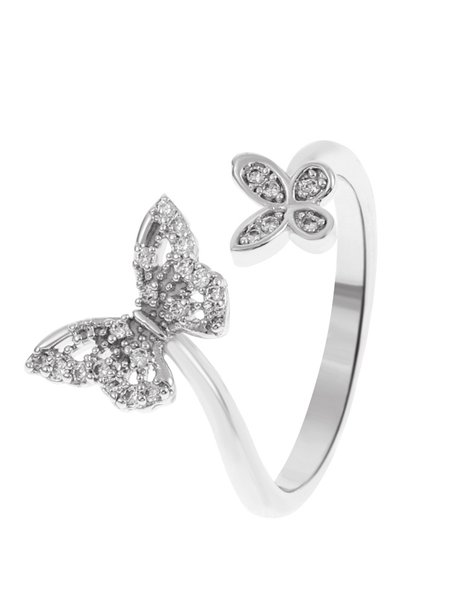 

JFN Leisure Vacation Full Diamond Butterfly Geometric Open Ring Commuter Party Jewelry, Silver, Rings