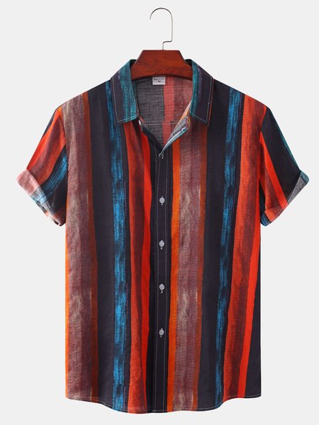 

Cotton Linen Striped Casual Short Sleeve Shirt, Multicolor, Shirts ＆ Blouse