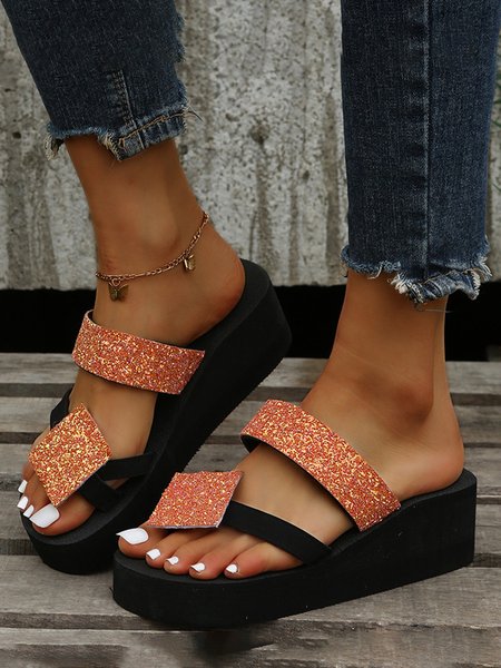 

JFN Fashion Glitter Wedge Slippers, Light orange, Sandals & Slippers