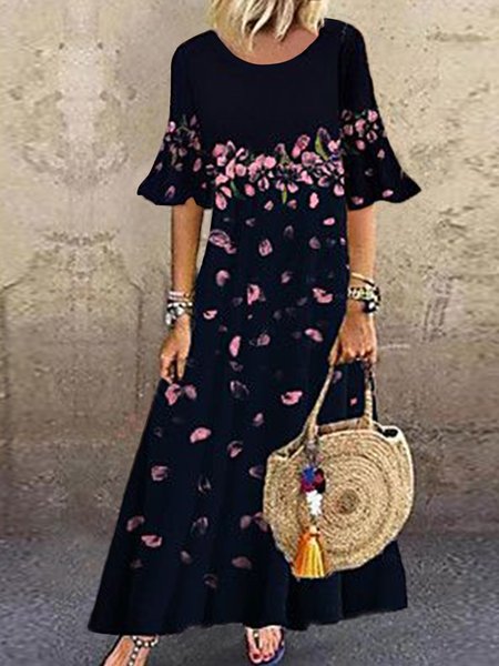

Loosen Vacation Crew Neck Flare Sleeve Dresses, Black, Dresses
