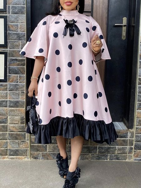 

Stand Collar Polka Dots Dress, Pink, Midi Dresses