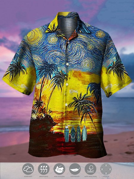 

Men's Fruit Print Casual Moisture Absorbent Breathable Fabric Hawaiian Short Sleeve Shirt, Yellow, Men's Floral shirt