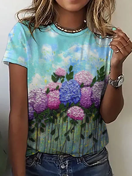 

Casual Abstract Floral Print Crew Neck T-Shirt, As picture, T-shirts