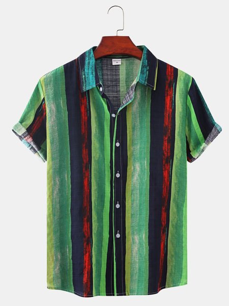 

Cotton Linen Striped Casual Short Sleeve Shirt, As picture, Men's Floral shirt