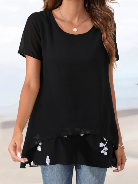 

Floral Casual Crew Neck Tops, Black, Tunics