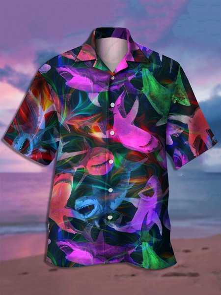 

Colorful Shark Graphic Men's Casual Short Sleeve Hawaiian Shirt, Black, Men's Floral shirt