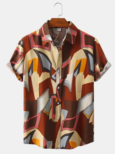 

Cotton Linen Geometric Print Casual Short Sleeve Shirt, As picture, Shirts ＆ Blouse