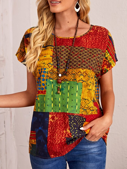 

Geometric Crew Neck Loosen T-Shirt, Multicolor, T-Shirts