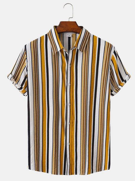 

Cotton Linen Striped Casual Short Sleeve Shirt, As picture, Men's Floral shirt