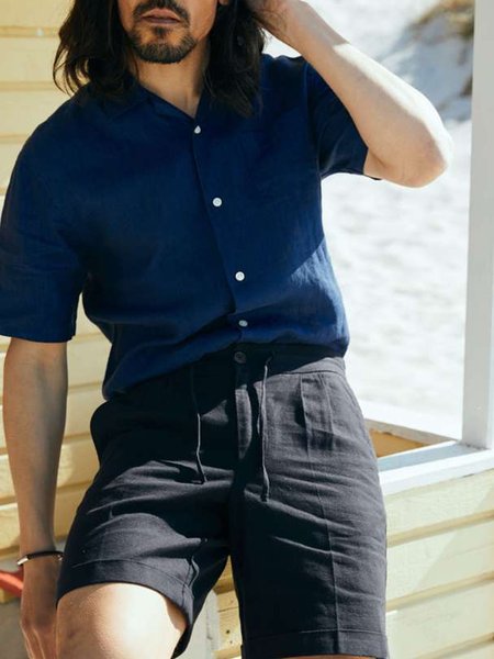 

Cotton Linen Hawaiian Casual Shorts, Black, Shirts ＆ Blouse
