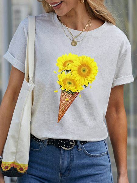 

Casual Simple Sunflower Print Crew Neck T-Shirt, White, T-shirts