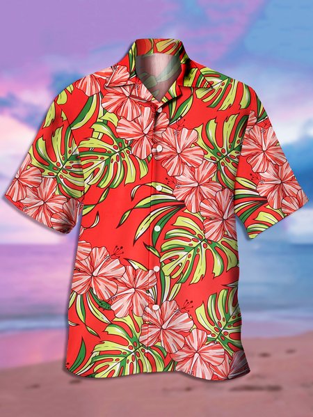 

Men's Resort Botanical Print Casual Short Sleeve Hawaiian Shirt, Red, Men's Floral shirt