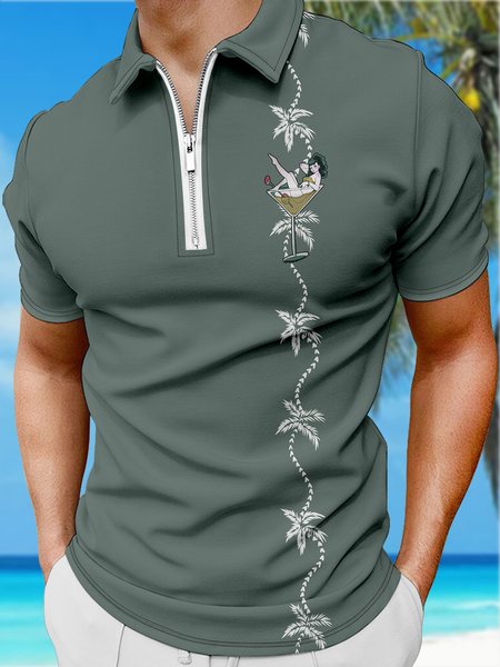 

Resort-Style Hawaiian Yezis-Patterned Lapel Short-Sleeved Polo-Print Top, Lightgreen, Men's t-shirts