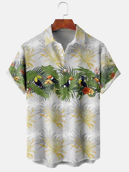 

Holiday Style Hawaiian Series Plant Leaf Flower Animal Element Pattern Lapel Short-Sleeved Shirt Print Top, Light gray, Men's Floral shirt