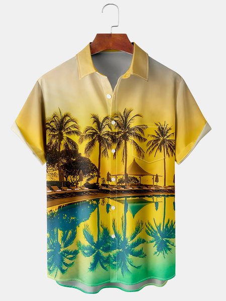 

Resort Style Hawaii Series Gradient Coconut Tree Element Pattern Lapel Short-Sleeved Shirt Print Top, Yellow, Men's Floral shirt