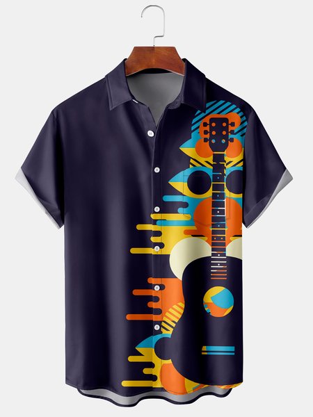 

Casual Music Collection Geometric Stripes Guitar Pattern Lapel Short Sleeve Shirt Print Top, Purplish blue, Men's Floral shirt