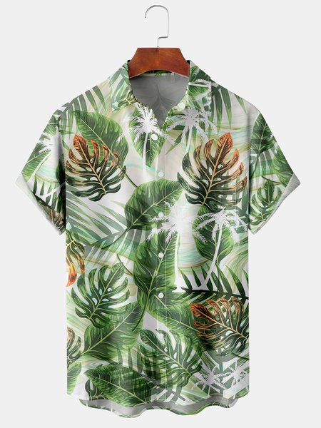 

Holiday Style Hawaiian Series Plant Leaves Coconut Tree Element Pattern Lapel Short-Sleeved Shirt Print Top, Green, Men's Floral shirt