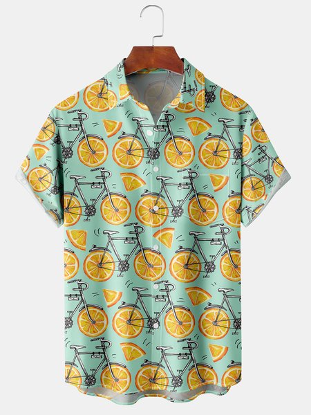 

Resort Style Hawaiian Series Fruit Juzi Element Pattern Lapel Short-Sleeved Shirt Print Top, Lightgreen, Men's Floral shirt