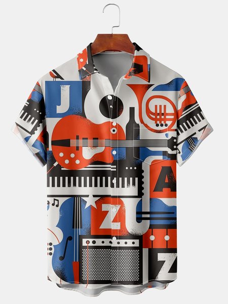 

Casual Music Collection Geometric Stripes Guitar Pattern Lapel Short Sleeve Shirt Print Top, Blue, Men's Floral shirt