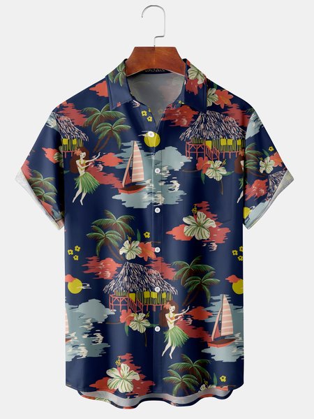 

Holiday Style Hawaiian Series Plant Leaves Hula Girl Element Pattern Lapel Short-Sleeved Shirt Print Top, Royal blue, Men's Floral shirt