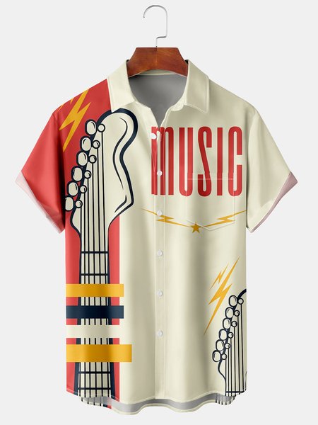 

Casual Music Collection Geometric Stripes Guitar Pattern Lapel Short Sleeve Shirt Print Top, As picture, Men's Floral shirt