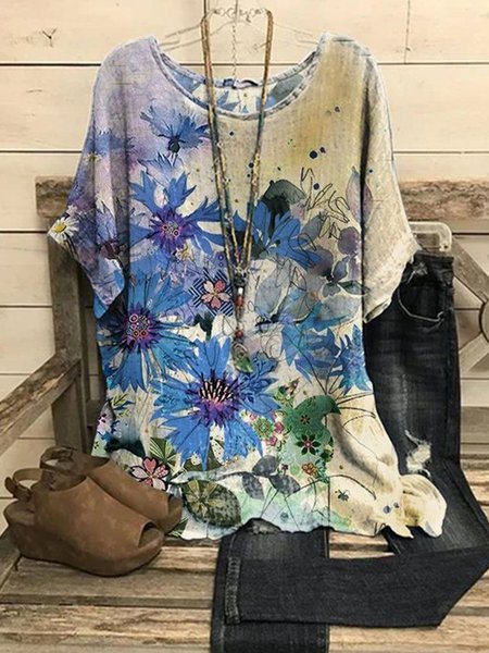 

Leisure holiday cotton leprosy Flower Top plus size, Multicolor, Shirts & Blouses