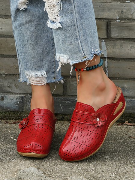 

3D Flower Breathable Muller Wedges, Red, Sandals & Slippers