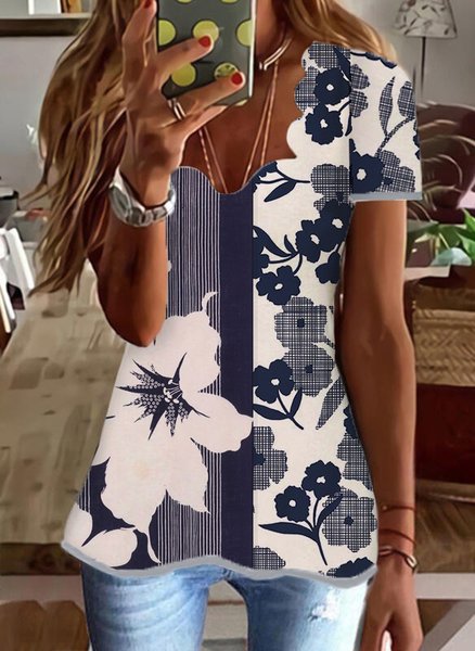 Floral Casual Top, Blue, Shirts & Blouses