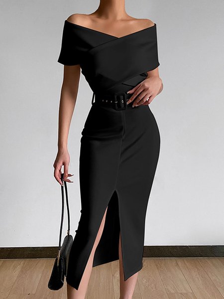 

Elegant Boat Neck Solid Short Sleeve Dress, Black, Midi Dresses