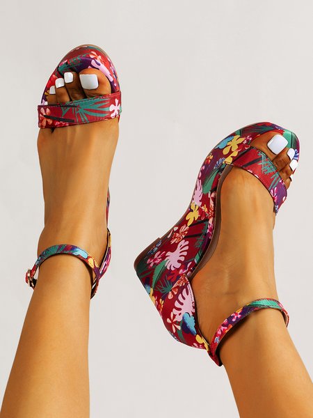 

JFN Sweet Multicolored Floral Casual Wedge Sandals, As picture, Sandals