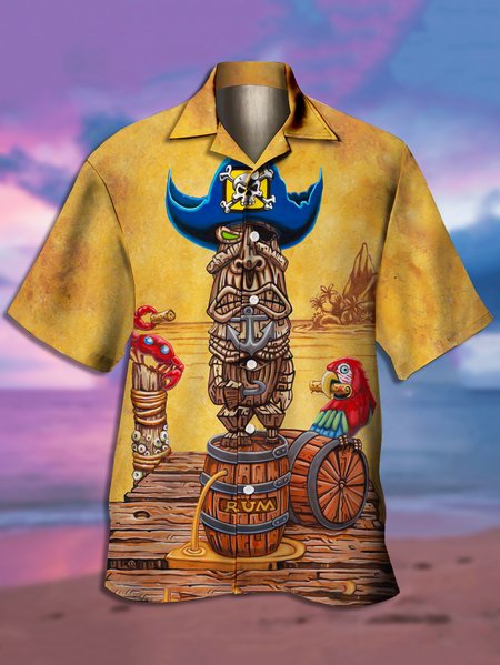 

Men's TIKI Print Casual Short Sleeve Hawaiian Shirt, Khaki, Men's Floral shirt