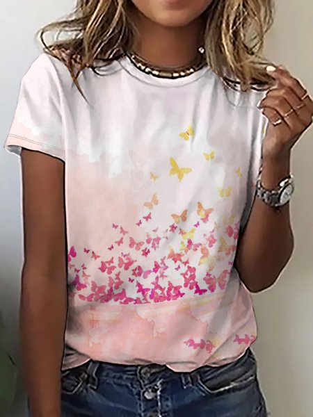 

Casual Abstract Gradient Print Crew Neck T-Shirt, As picture, T-shirts